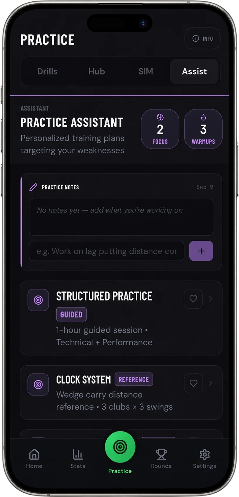 Practice Assistant showing structured practice plans and the wedge clock system