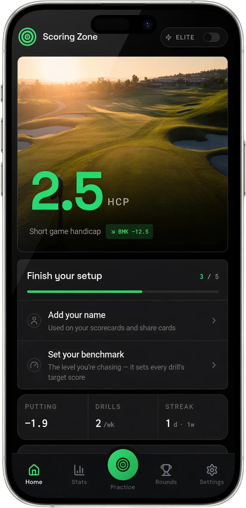 Scoring Zone home screen showing a 2.5 short game handicap over a sunset fairway