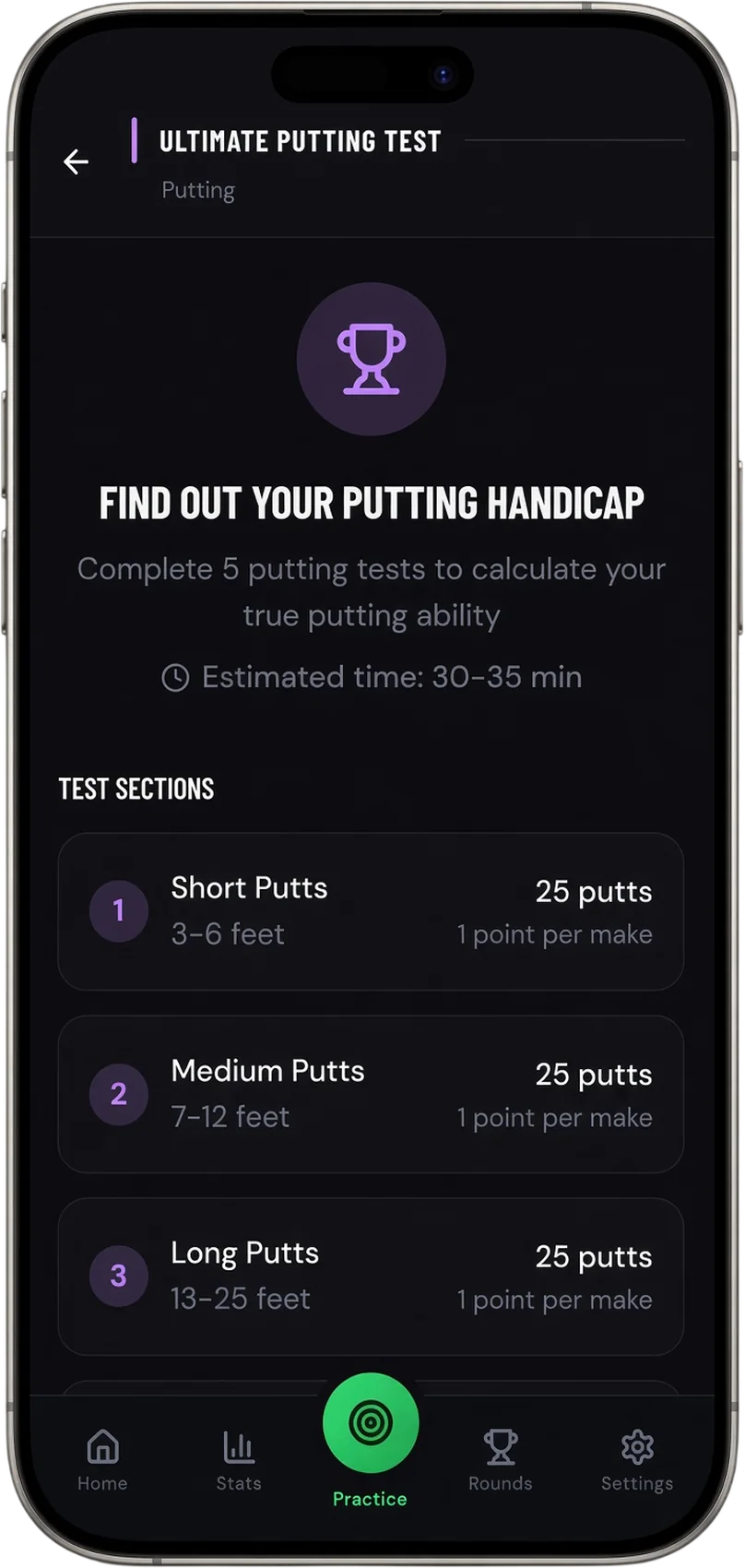 Ultimate Putting Test intro with short, medium and long putt sections