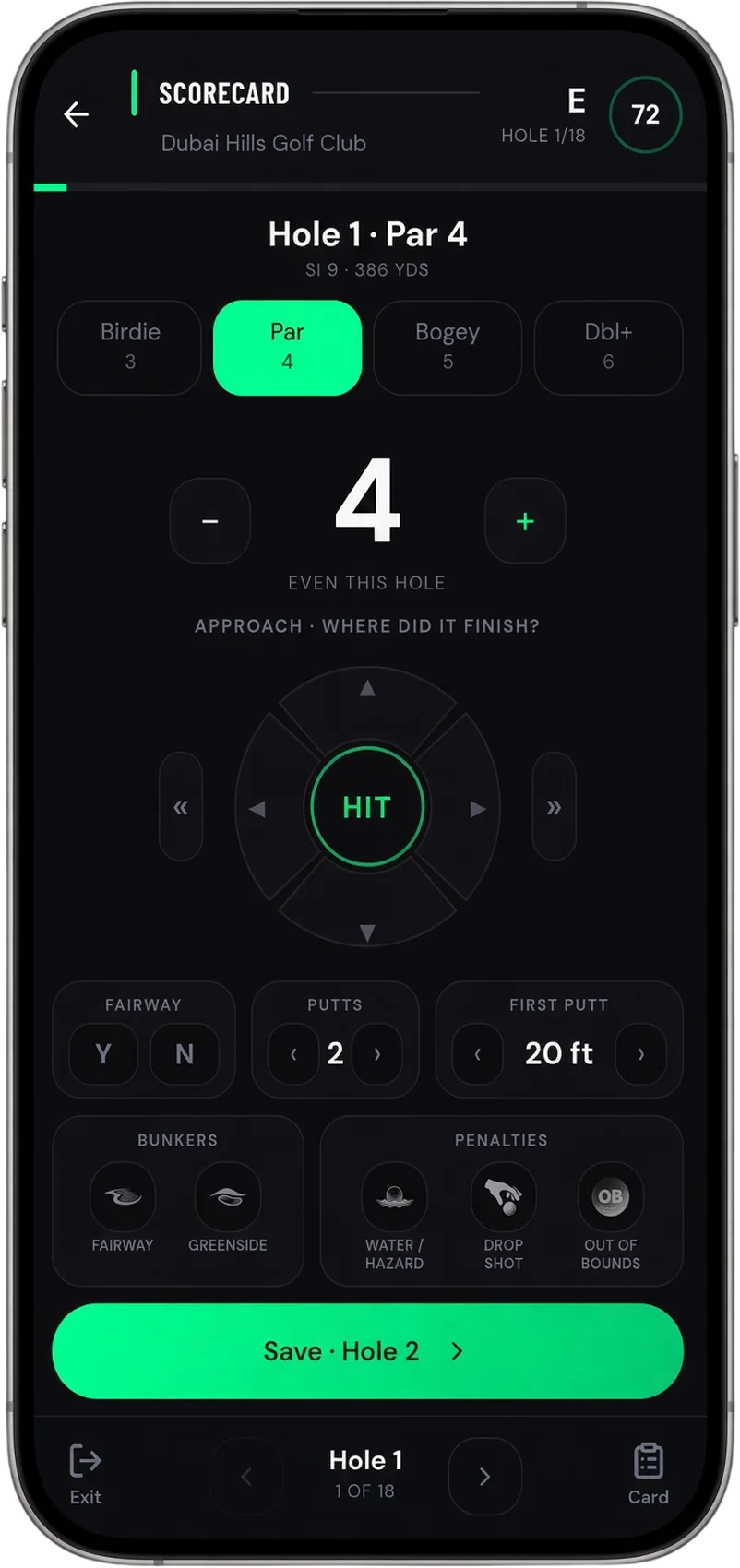 Hole by hole scorecard entry with approach result, putts and first putt distance