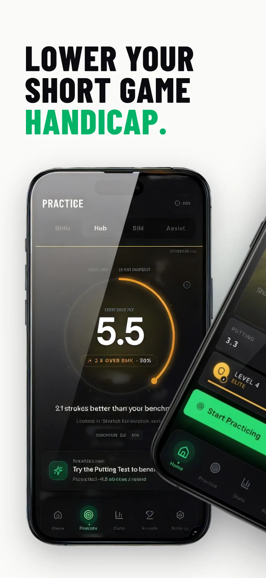 Scoring Zone practice hub showing short game handicap dial