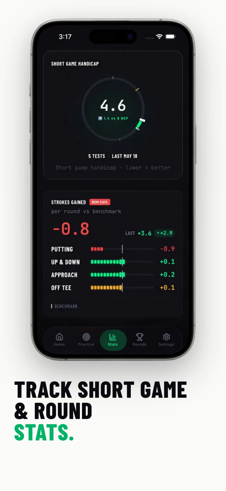 Track short game and round stats with strokes gained